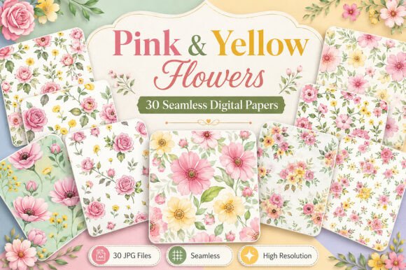 Download Pink &amp; Yellow Flowers Digital Pattern - Digital pattern Collection