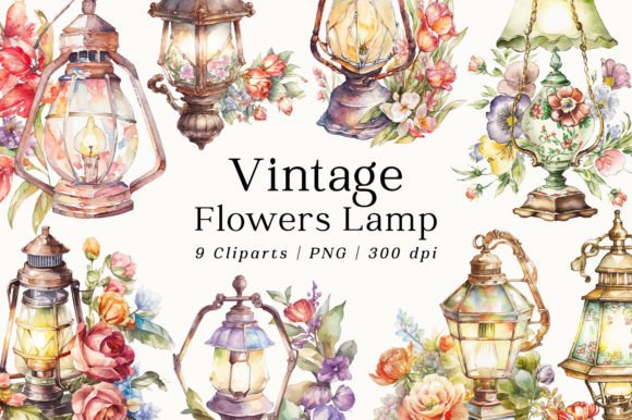 Download Vintage Flowers Lamp Watercolor Clipart - Vintage Collection
