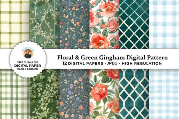 Download Floral &amp; Green Gingham Digital Patterns - Digital pattern Collection